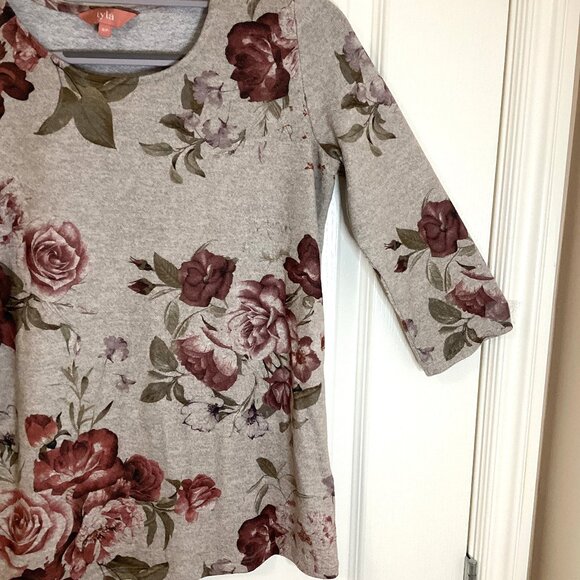 Iyla Women's 3/4 Sleeve Top Sweater Size S/P Floral Casual Roses Earthy Tones - Picture 2 of 6